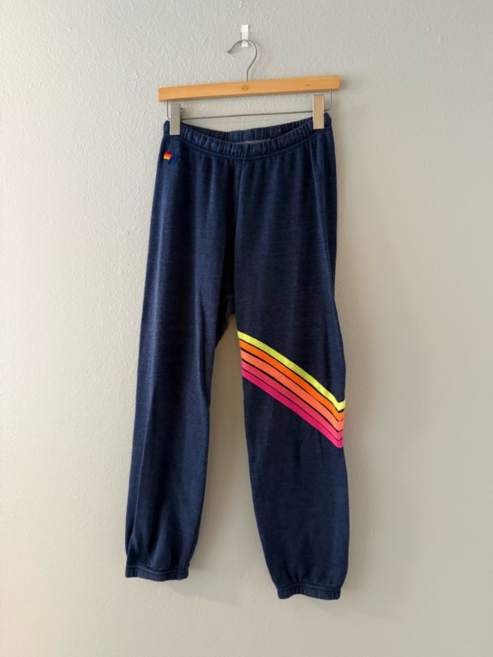 Aviator Nation Navy Track Pants with Neon Rainbow Stripe